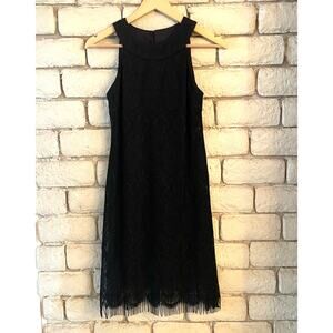 Dressbarn Shift Dress Black Lace Overlay – Sleeveless with Fringe Hem Size 4